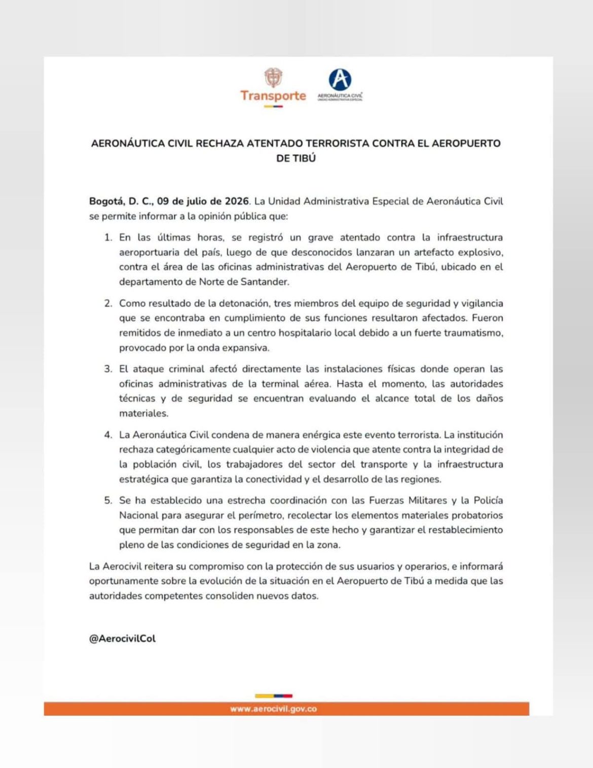 Aeronáutica Civil rechaza acto violento en aeropuerto de Tibú